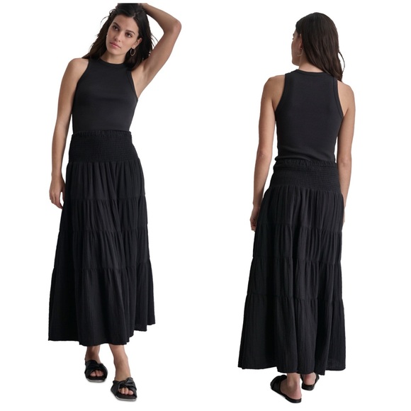 DKNY Women's Cotton Smocked-Waist Tiered Maxi Skirt  in Black Size Large - Picture 2 of 10